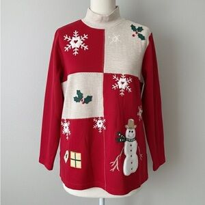 Karen Scott Mock Neck Christmas Top Color Block Embroidered Applique 90s Vintage